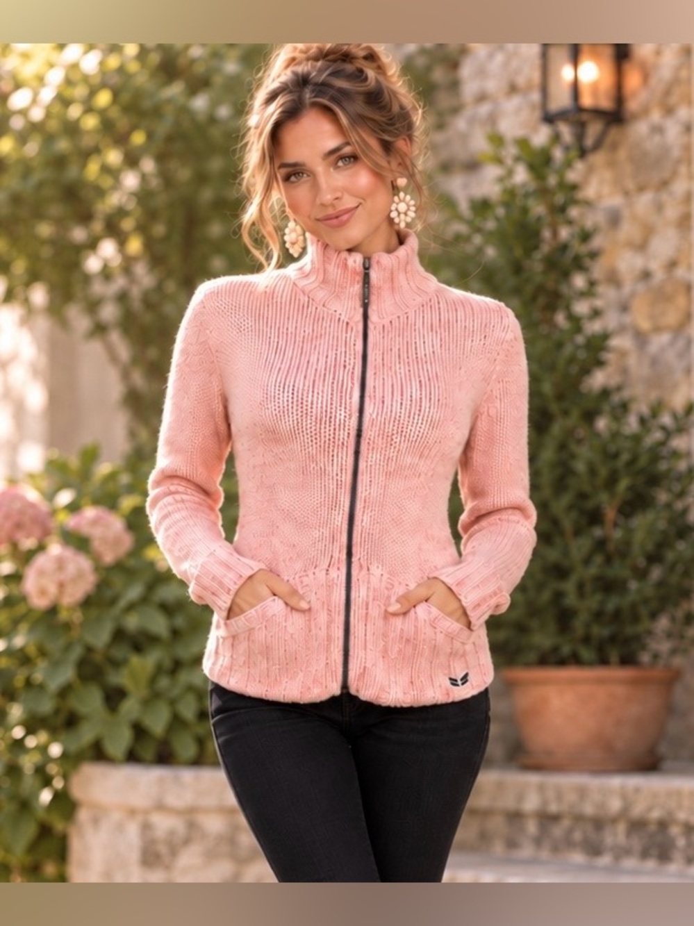 Nollie Blush Pink Gold Metallic Angora Knit Zip Sweater Jacket Size M